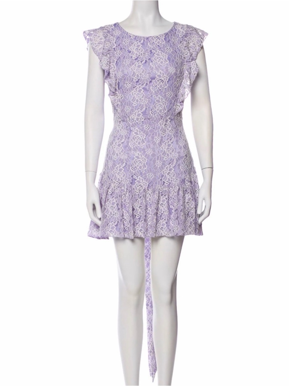 MAJORELLE Marnie Lavender White Lace Ruffle Mini Dress with Waist Tie